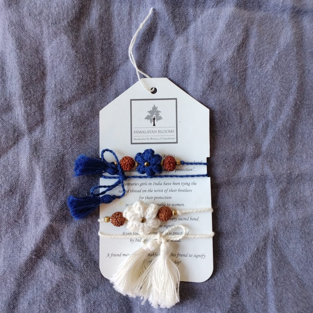 TWO Cotton Floral Rakhi by Himalayan Blooms: 1 Blue Bracelet & 1 White Bracelet